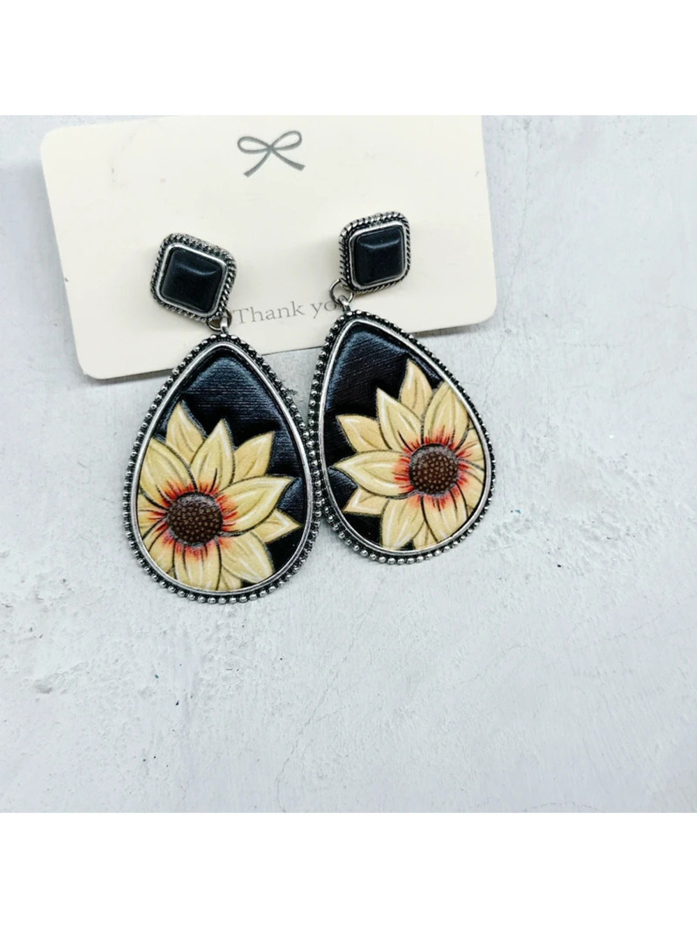 314u. Black Faux Leather Sunflower Earrings